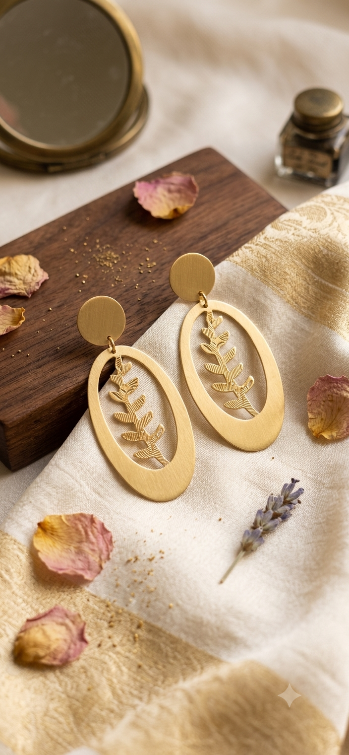 Avera - Matte Gold Oval Leaf Dangle Earrings